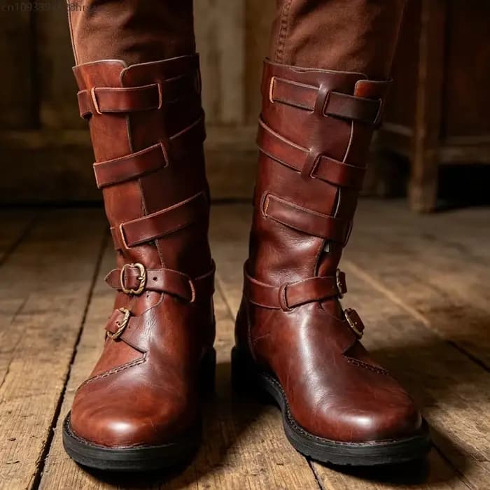 Bottes mi-mollet en cuir vintage à multiples boucles pour hommes