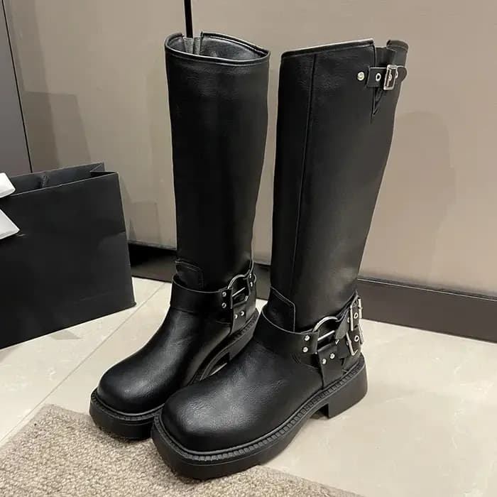 Mode boucle de ceinture bottes gothiques pour femmes marron talons épais genou haute