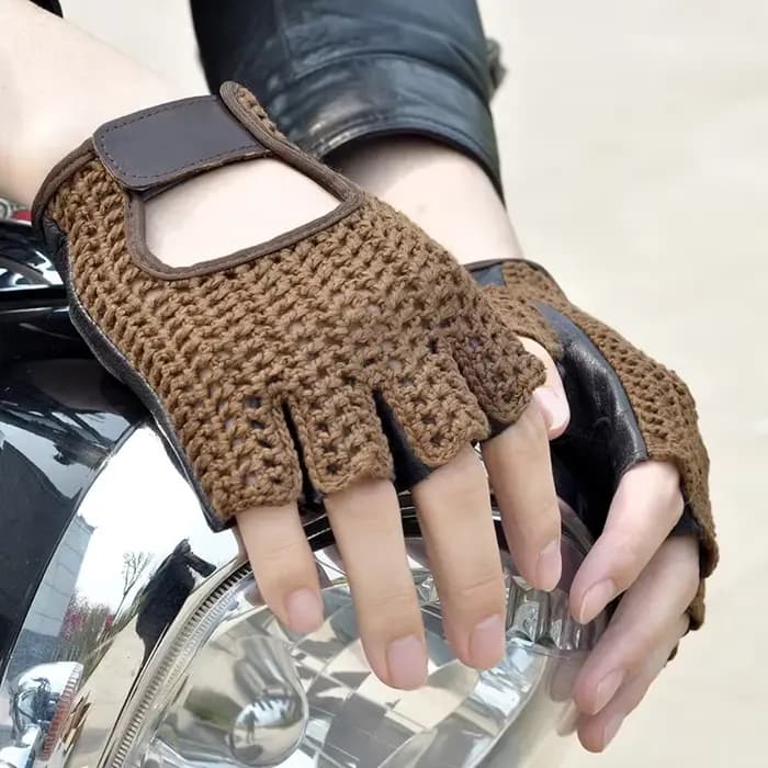 Gants sans doigts en cuir à demi-doigts en maille