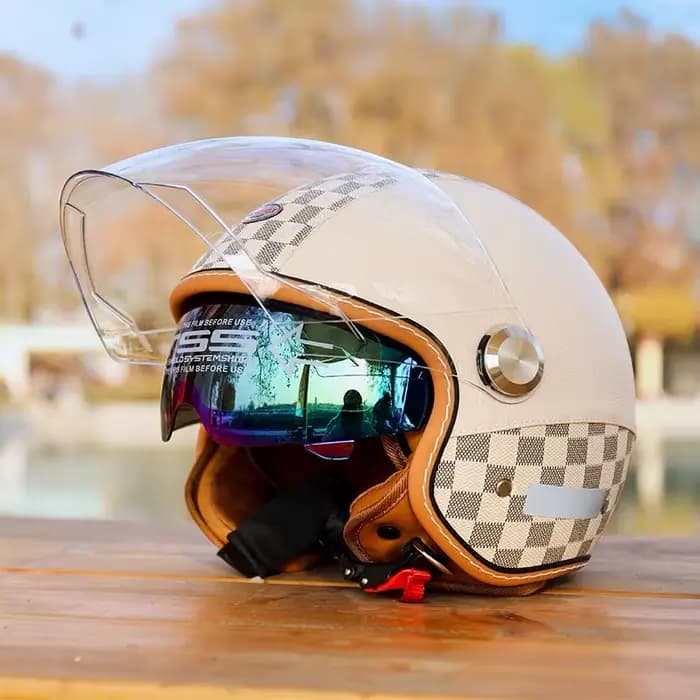 Casque ouvert casques de moto en cuir Vintage Double visière DOT approuvé rétro 3/4 Jet demi-casque avec lentille intérieure