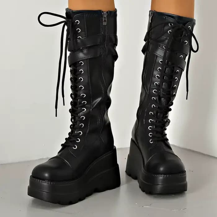 Bottes de moto style punk sombre à talon épais avec boucle de ceinture