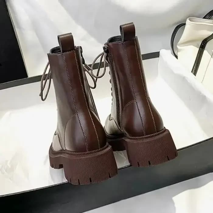 Bottines en cuir Pu marron pour femmes, chaussures de moto courtes en peluche, Vintage, à lacets, avec fermeture éclair, collection automne-hiver 2025