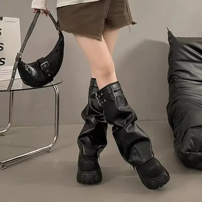Bottes de motard pour femmes, élégantes, à boucle de ceinture, plateforme, bottes longues décontractées, bottes hautes pour femmes