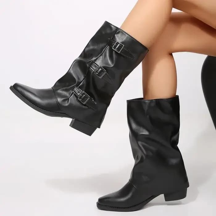 Bottes de motard pour femmes, mi-mollet, à coupe souple, avec 3 boucles métalliques décoratives, en similicuir, bout pointu, talon bloc de 4,5 cm, style punk gothique.