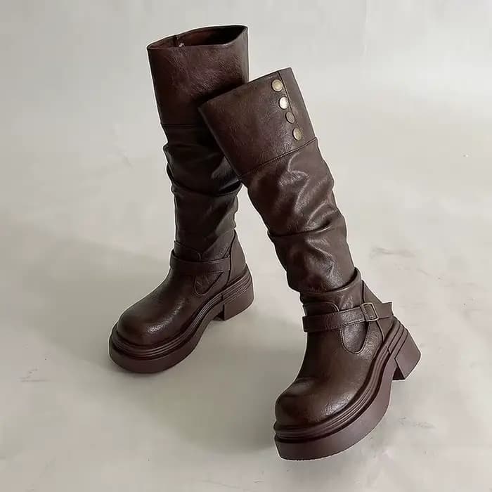 Bottes de moto à plateforme pour femmes, bottes à semelles épaisses avec sangle à boucle, en cuir PU