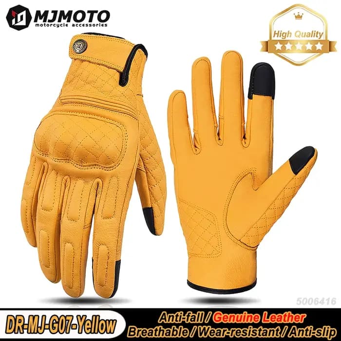Gants Moto Rétro Jaunes en Cuir Tactiles