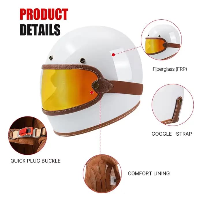 Casque de moto en fibre de verre intégral style vintage certifié DOT
