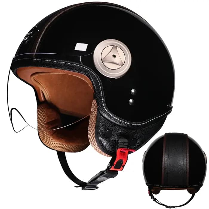 Casque de moto demi-visage rétro couture en cuir Beige marron