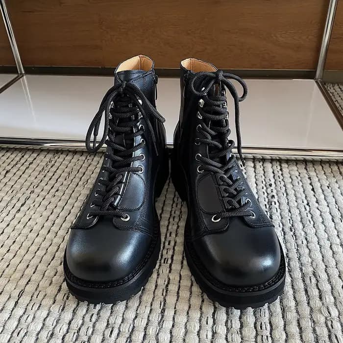 Bottes courtes en cuir noires à lacets pour hommes, bottes de moto rétro à grande tête avec fermetur