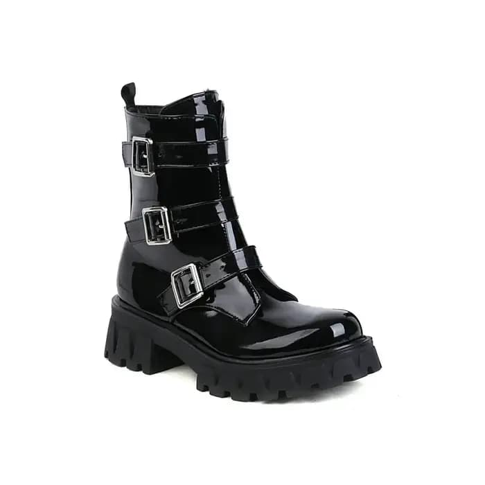 Bottines en cuir PU verni noir violet gothique pour filles occidentales, chaussures Cool d'hiver avec sangle multi-boucles, bottines à plateforme de styliste pour femmes