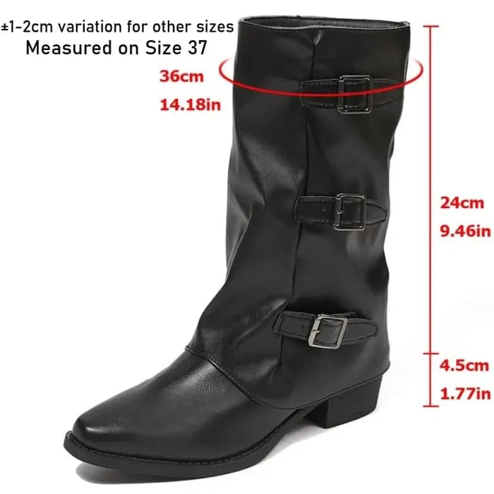 Bottes de motard pour femmes, mi-mollet, à coupe souple, avec 3 boucles métalliques décoratives, en similicuir, bout pointu, talon bloc de 4,5 cm, style punk gothique.