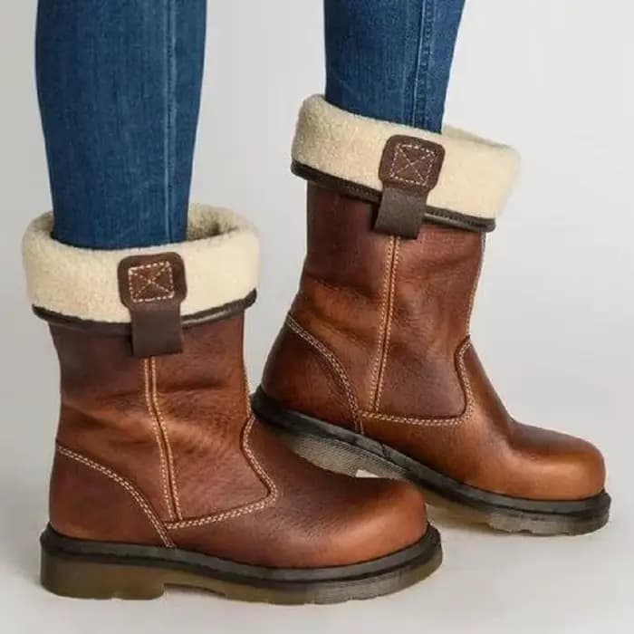 Bottes mi-mollet marron pour femmes, chaudes pour l'hiver, doublées de fausse fourrure, semelle en caoutchouc, chaussures décontractées à talon bas, bout rond, bottes à enfiler pour l'extérieur.