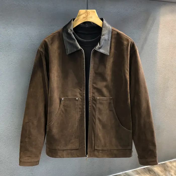 Veste en cuir de moto Amekaji en daim rétro marron foncé avec revers