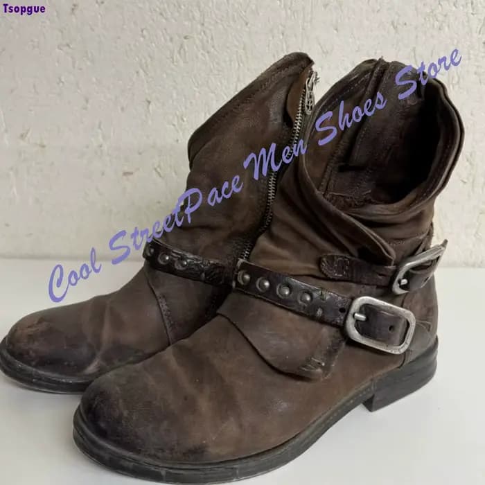 Bottes Biker American Vintage pour Homme en Cuir Marron Vieilli avec Double Boucle et Rivets Décoratifs, Talon Bas, Style Gothique Cool, Mi-Mollet