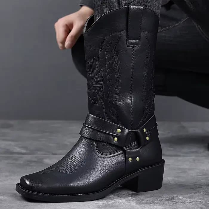 Bottes pour hommes, bottes de cowboy western rétro brodées, bottes de moto tendance pour hommes, bottes en cuir mi-mollet, Botas Masculino