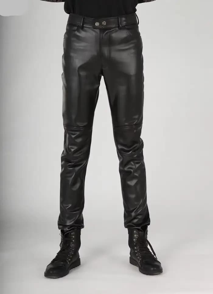 Pantalon en Cuir pour hommes moto hiver noir intérieur polaire coupe-vent mince mode épaissi