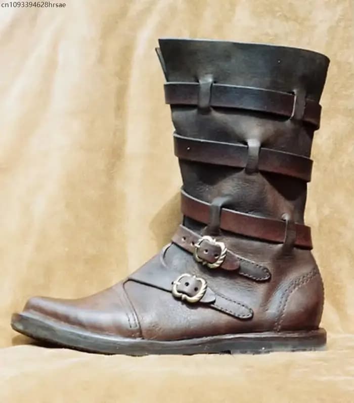 Bottes mi-mollet en cuir vintage à multiples boucles pour hommes