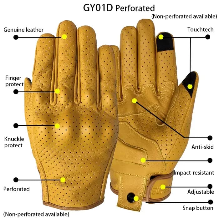 Gants de moto jaunes en cuir de chèvre pour homme