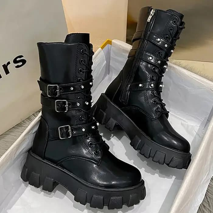 Nouvelles Bottes Punk pour Femme, Bottes de Moto à Fermeture Éclair, Bottes Mi-Mollet Automne Hiver 2026, Bottes de Motard à Talon Plateforme pour Femme, Chaussures pour Dames