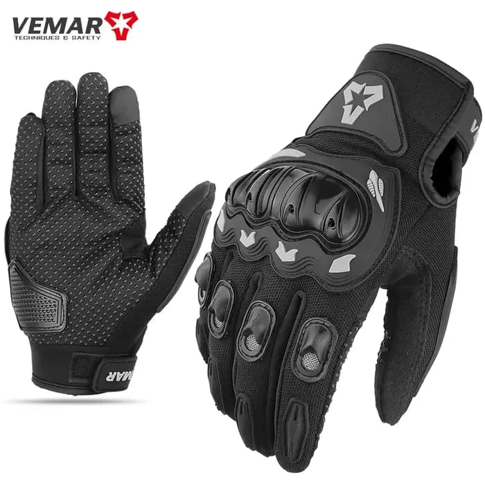 VEMAR-Gants de moto d'été pour hommes et femmes, noirs, doigt complet, écran tactile, cyclisme, VTT,