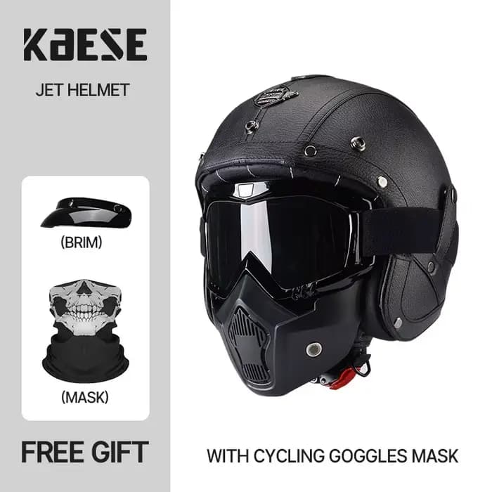 Casque de moto ouvert en cuir noir avec masque, casque d'équitation de scooter, classique, électriqu