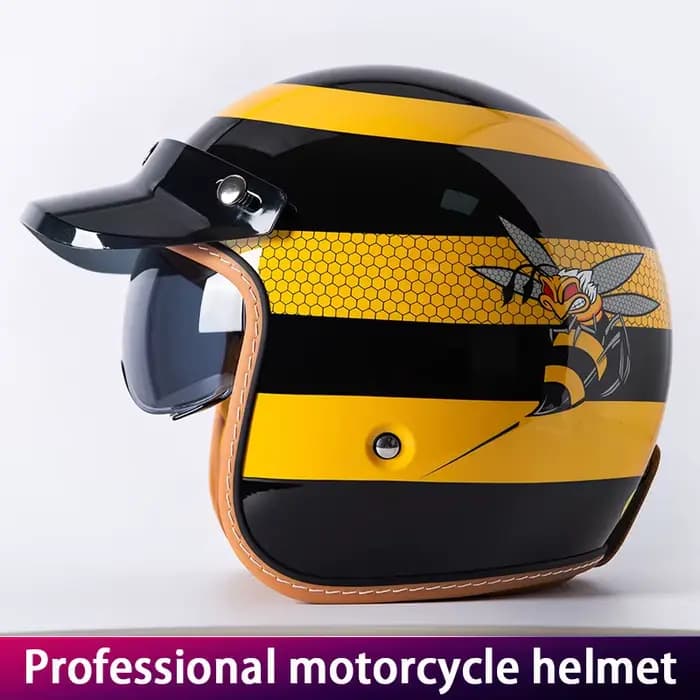 Nouveau casque de moto rétro abeille jaune coque 3/4 pare-brise intégré
