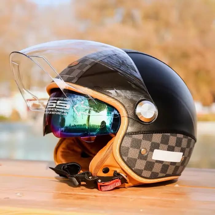 Demi-casque de moto rétro en cuir à Double visière