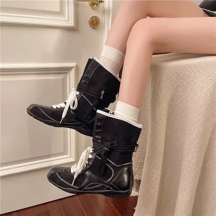 2025 nouvelles bottes de boxe polyvalentes rétro décontractées en cuir Nubuck bout rond couleur assortie à lacets