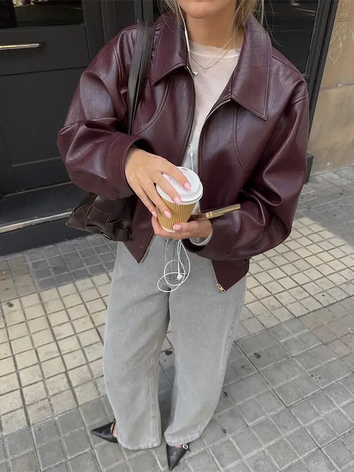 Nibber Zipper Veste Femme Faux Cuir Automne Tendance Revers Plein Manches Hottie High Street Mode Polyvalent Style Basique Manteaux