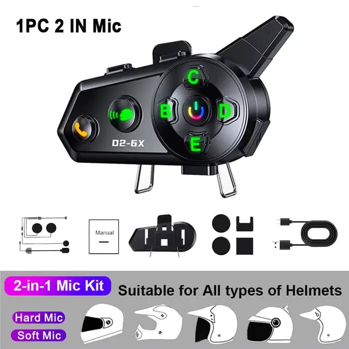 Casque de moto D2-6X Interphone Bluetooth pour 6 Rider Interphone 1000 mètres Multi-Scene Assad Étan