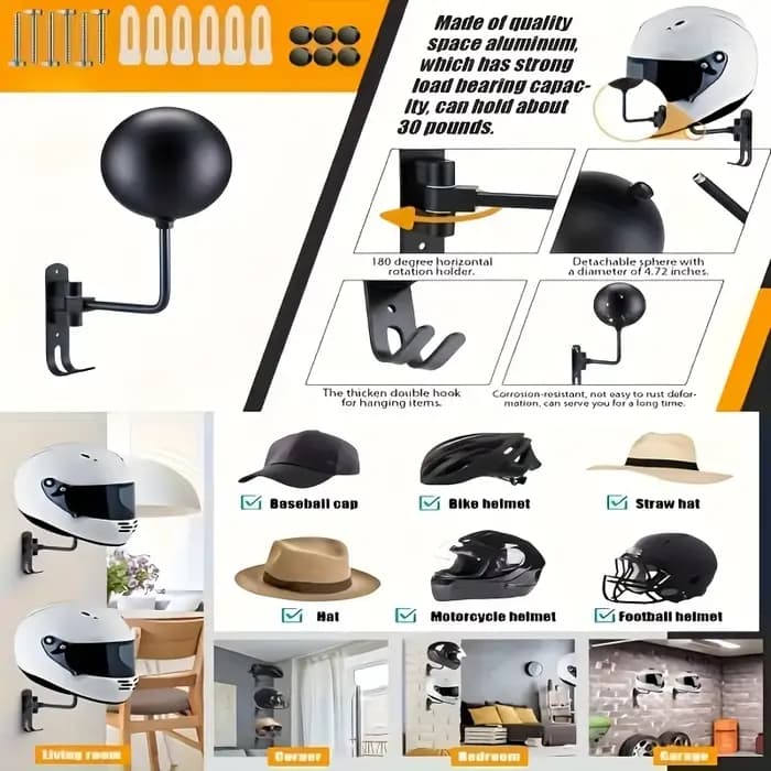 Porte-casque de moto étagère murale pivotante à 180° cintre pour casque et veste crochet en métal étagères