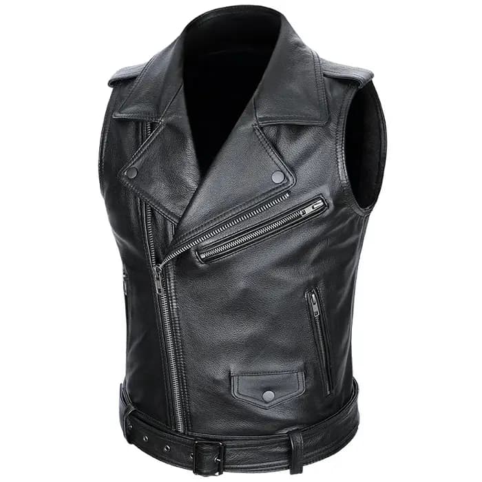 Veste de moto classique en cuir de vachette pour homme