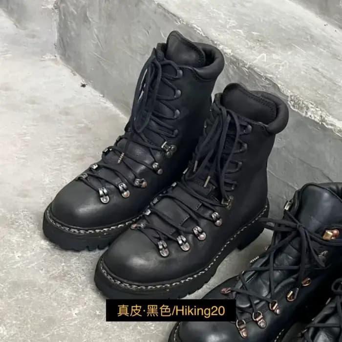 Bottes de moto en cuir véritable pour hommes, chaussures d'alpinisme à lacets en métal, bottes de randonnée occidentales mi-mollet pour l'extérieur