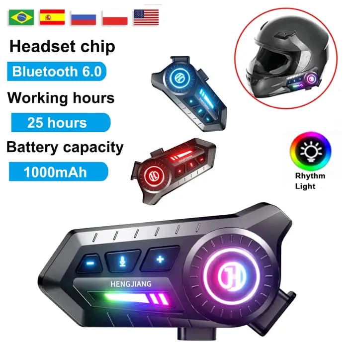 Casque Bluetooth 6.0 pour moto, écouteurs moto 1000 mAh, casque sans fil mains libres pour moto avec lumière ambiante