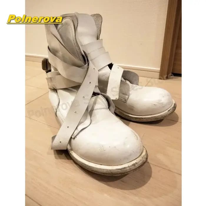 Bottes de moto vintage blanches pour femmes, à plusieurs sangles et boucles, mi-mollet, talon carré, avec sangle enveloppante, style gothique punk streetwear