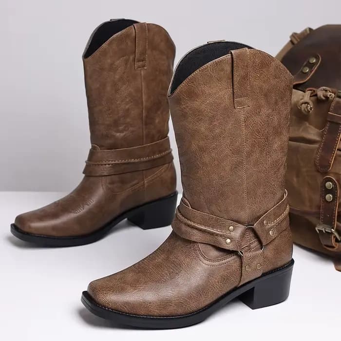 Bottes pour hommes, bottes de cowboy western rétro brodées, bottes de moto tendance pour hommes, bottes en cuir mi-mollet, Botas Masculino