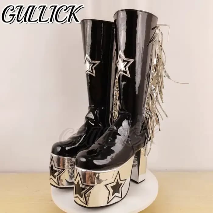 Style gothique plate-forme bottes hautes Rock Punk Rivets étoiles gland conception Botas Halloween f
