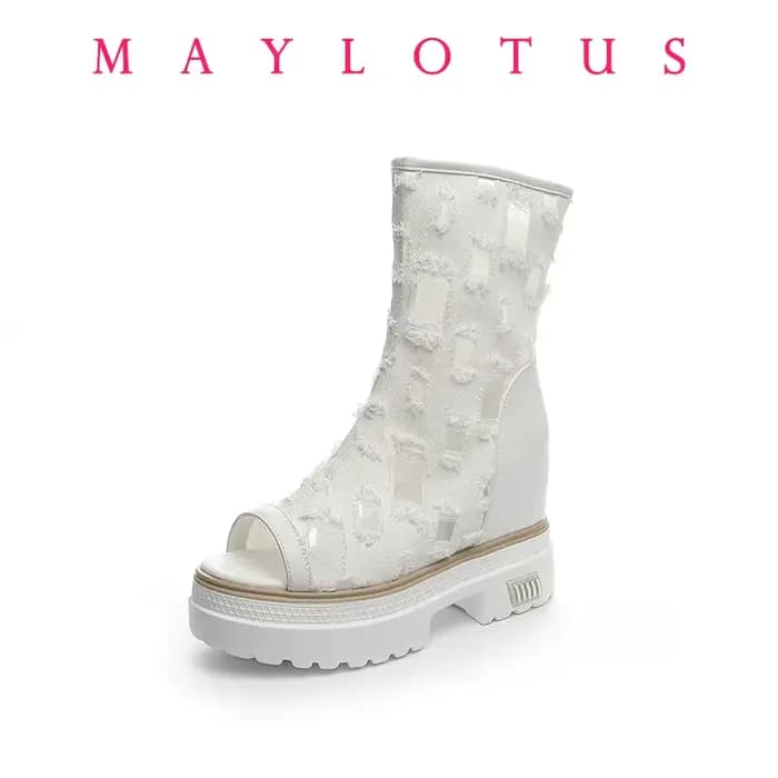 Augmenter 10cm Air Mesh mi-mollet bottes talons épais moto plate-forme compensée respirant Peep orteil été creux femmes botte chaussures